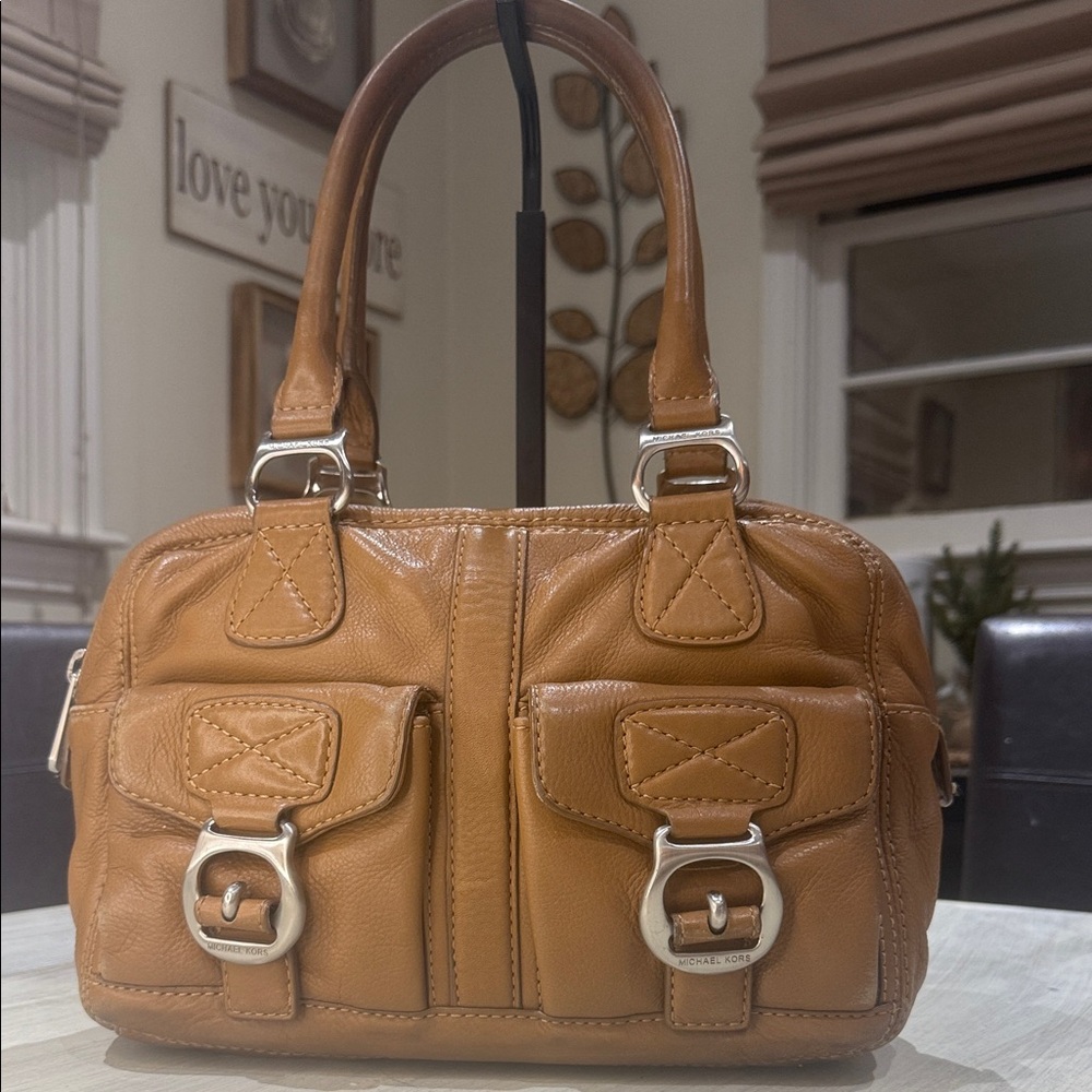 Vintage Michael Kors Brown Leather Large Buckle Barrel Satchel